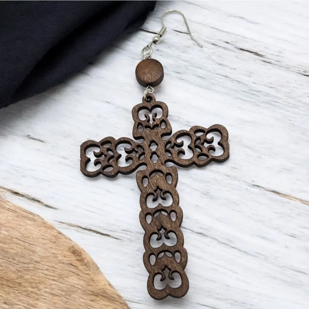 Large Ornate Wooden Cross Earrings Christian Prayer Pendant Religious Jewelry